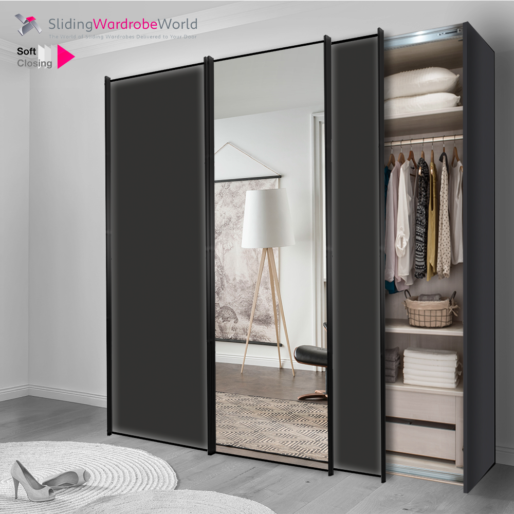 Fitted4U 3 Door Sliding Wardrobe with Graphite and Mirror Single Panel Doors, Black Frames, and Better Interior