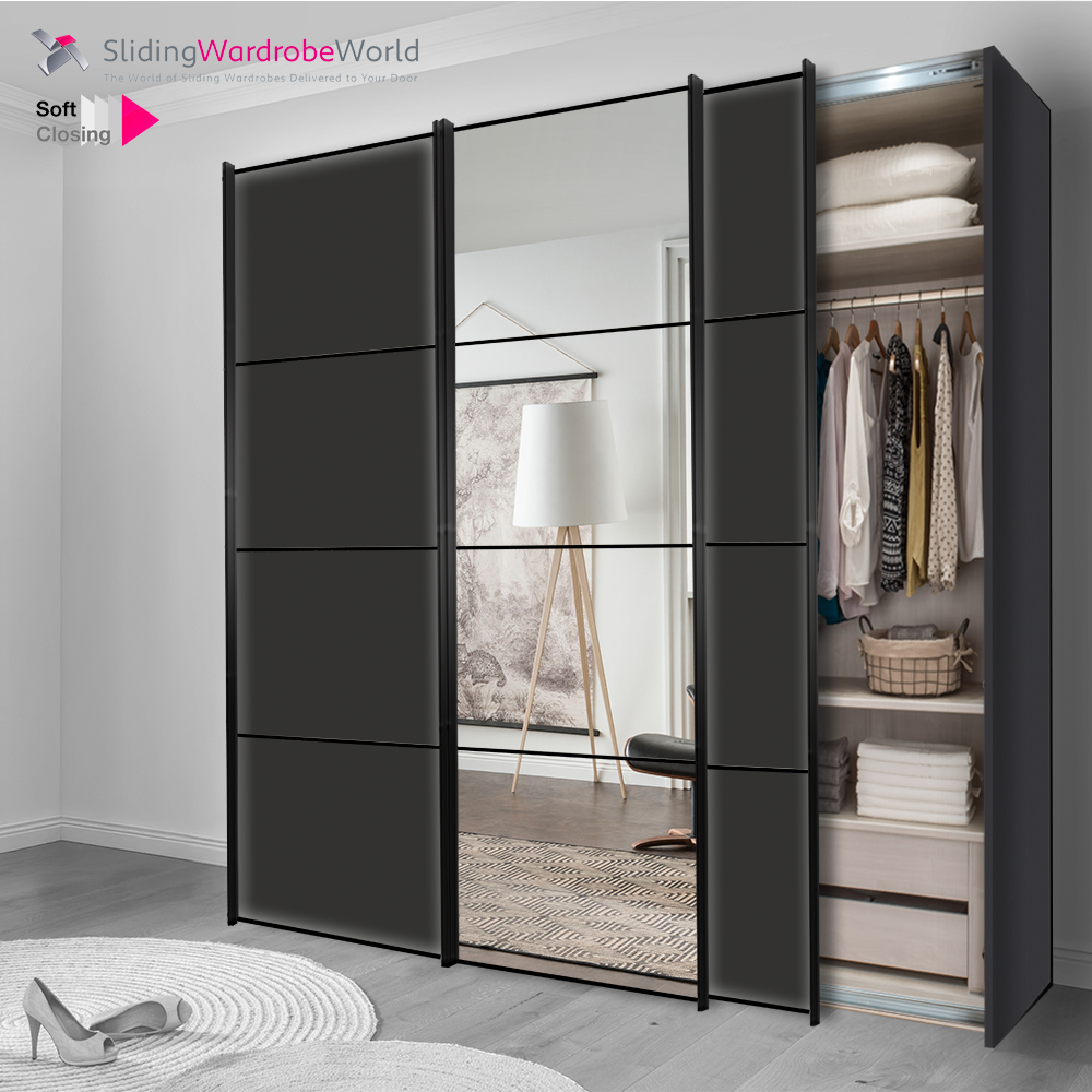 Fitted4U 3 Door Sliding Wardrobe with Graphite MFC Carcass, Mirror Door and Black 4 Panel Door Frames