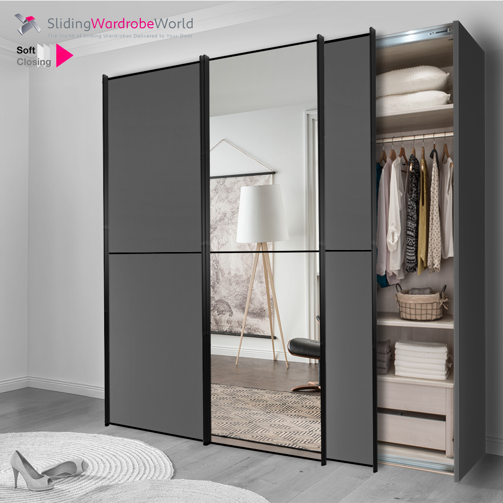 Fitted4U 3 Door Sliding Wardrobe with Graphite and Mirror 2 Panel Doors and Best Interior