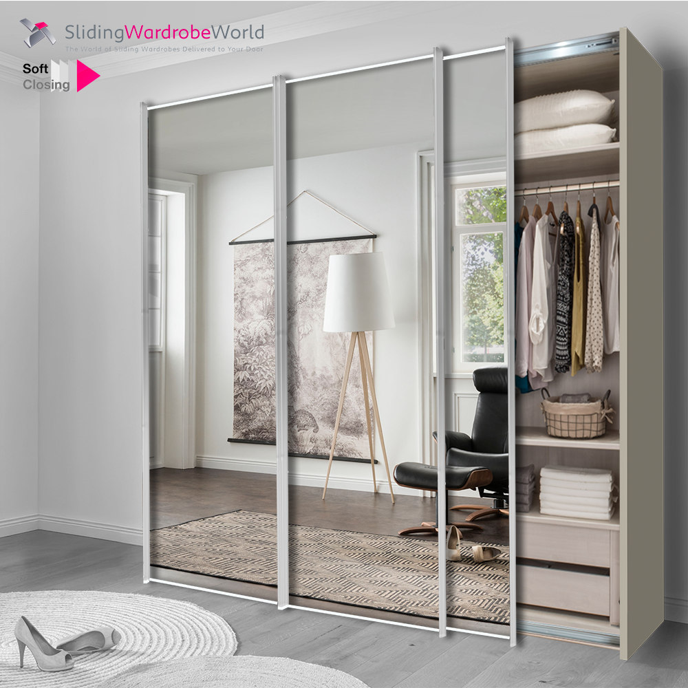 Fitted4U 3 Door Sliding Wardrobe with Pebble Grey Carcass and Mirror Doors, Chrome Door Frames.