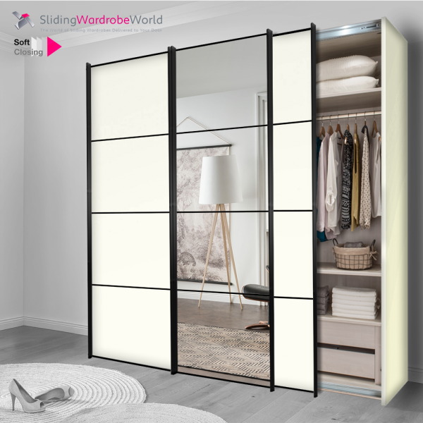 3 Door Sliding Wardrobe, Black 4 Panel Door Frame, White Panel with Mirror, and Better Interior