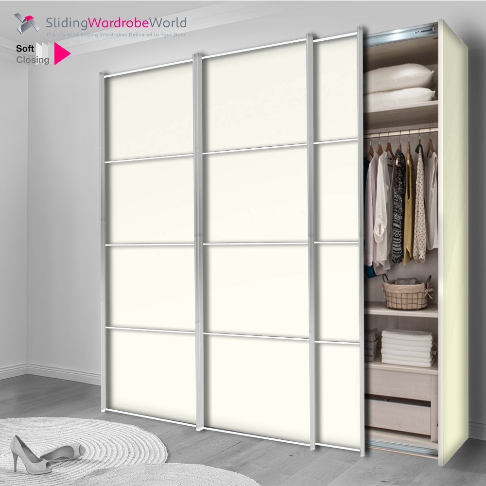 Fitted4U 3 Door Sliding Wardrobe with White MFC Carcass and 4 Panel Doors, Chrome Door Frames.
