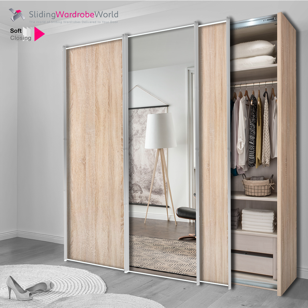 Fitted4U 3 Door Sliding Wardrobe with Rustic Oak Carcass, Mirror Door and Chrome Door Frames