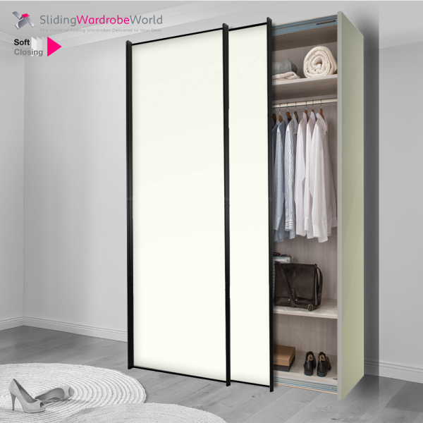 2 Door Freestanding Sliding Wardrobe, Black 1 Panel Door Frame, White Panel with Mirror, and Good Interior