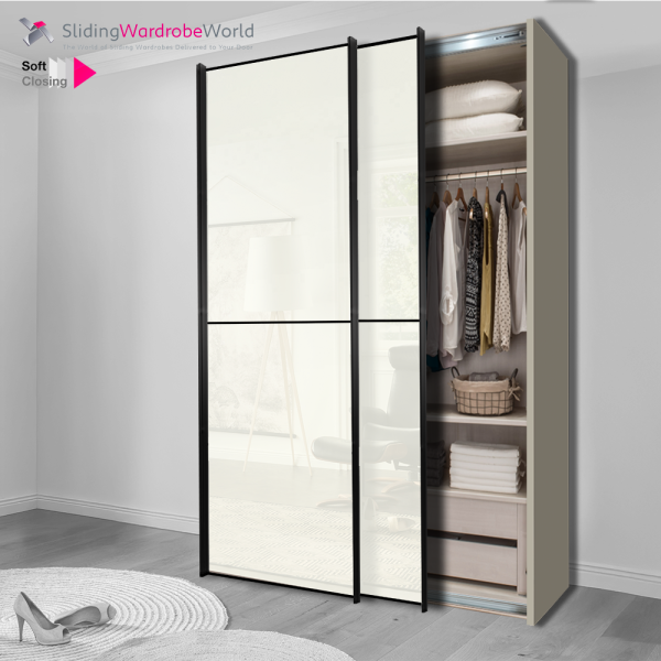 2 Door Freestanding Sliding Wardrobe, Black 2 Panel Door Frame, White Glass Doors, Pebble Grey Carcass, and Better Interior